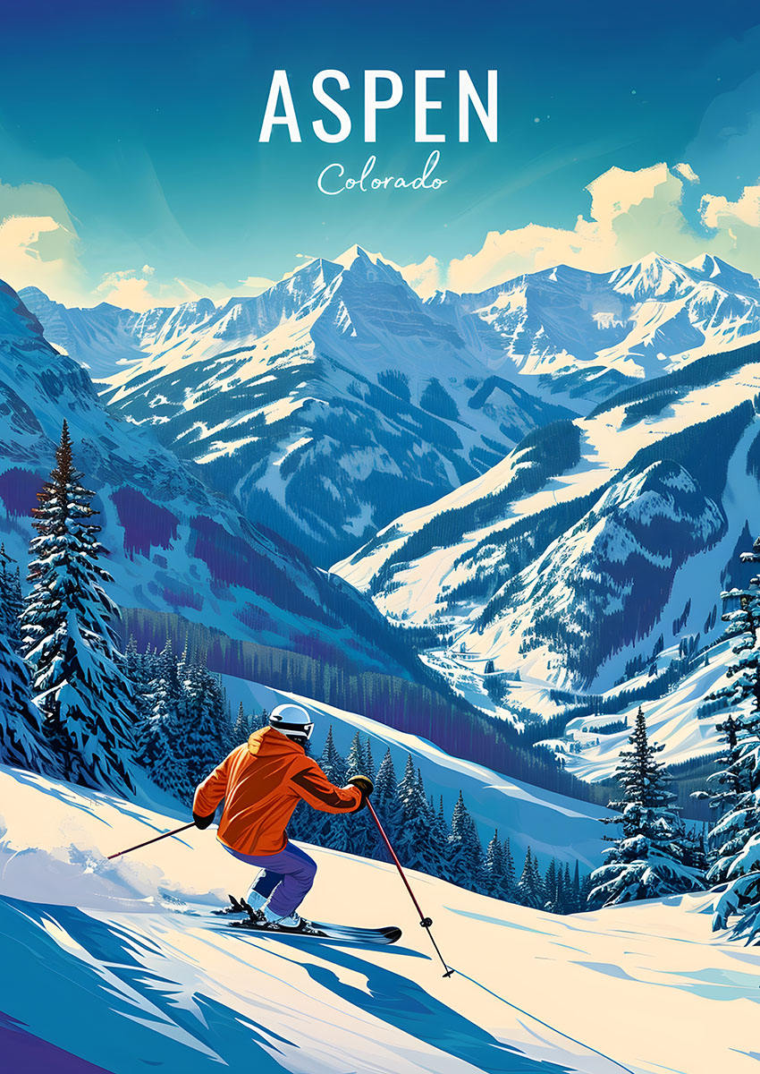 Artwork depicting a skier in an orange jacket descending the snowy slopes of Aspen, surrounded by snowy mountains.
